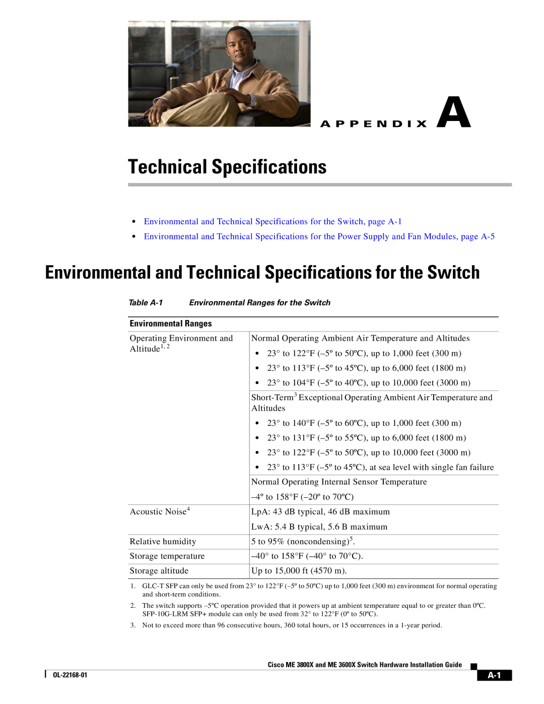 Cisco Systems ME3600X24CXM manual Technical Specifications, Environmental Ranges 