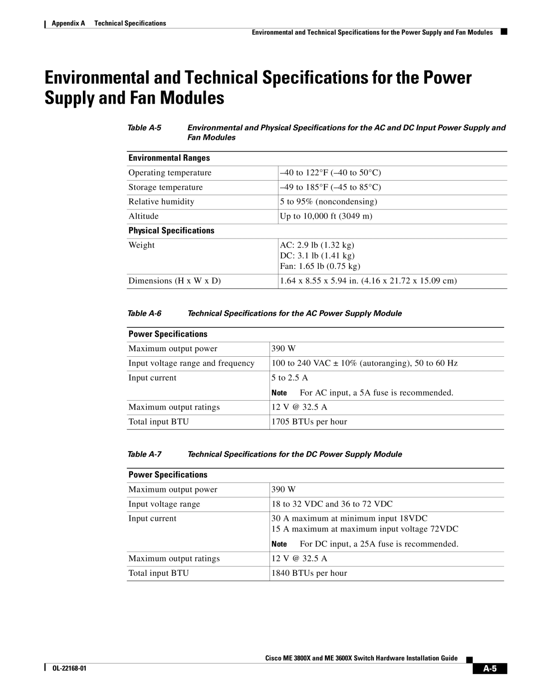 Cisco Systems ME3600X24CXM manual Physical Specifications, Power Specifications 