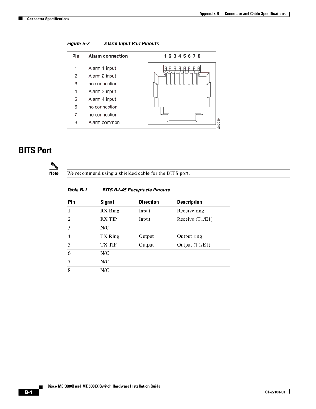 Cisco Systems ME3600X24CXM manual Pin Signal Direction Description, Tx Tip 