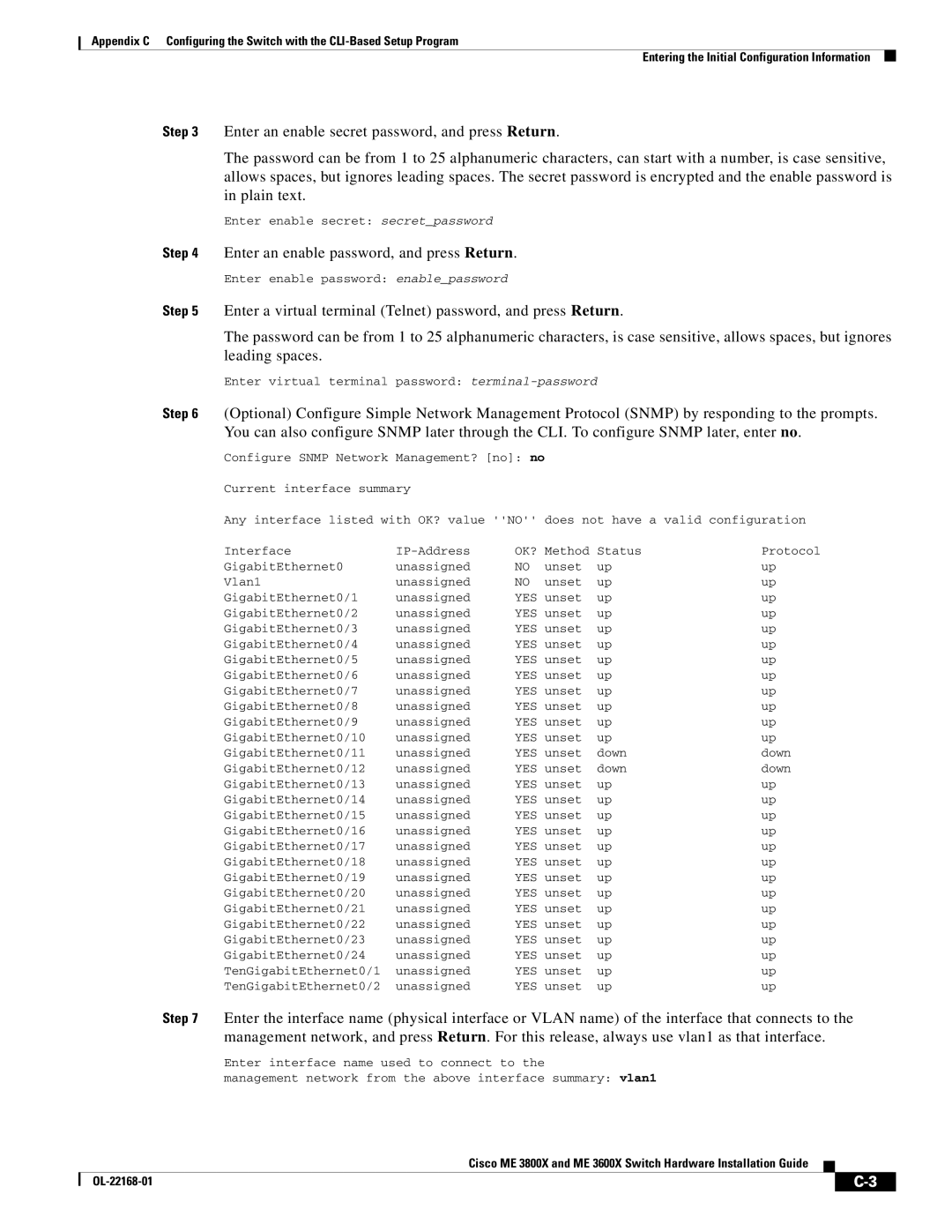 Cisco Systems ME3600X24CXM manual Enter an enable password, and press Return 