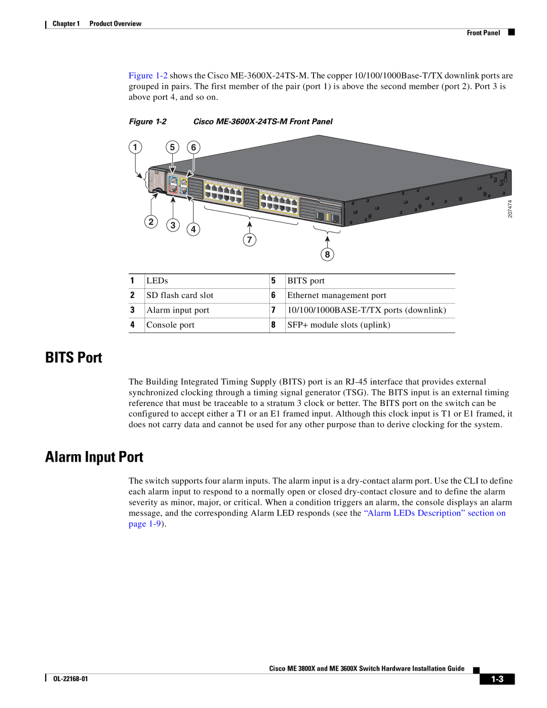 Cisco Systems ME3600X24CXM manual Bits Port, Alarm Input Port 