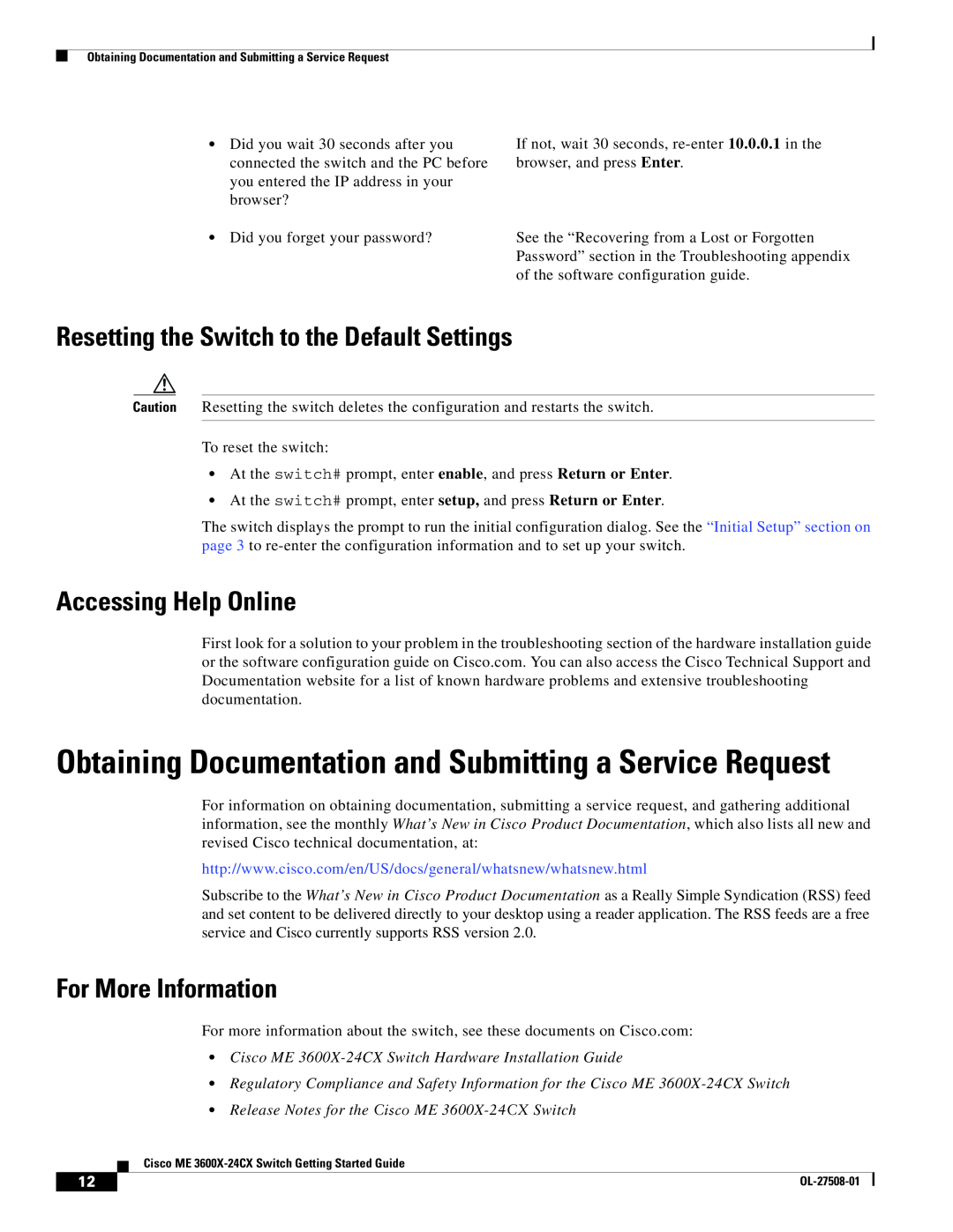 Cisco Systems ME3600X24FSM manual Resetting the Switch to the Default Settings, Accessing Help Online, For More Information 