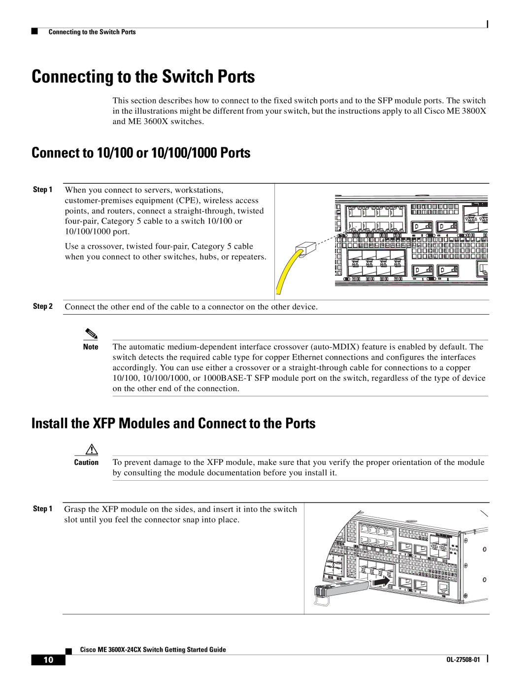 Cisco Systems ME 3600X 24CX, ME3600X24FSM manual Connecting to the Switch Ports, Connect to 10/100 or 10/100/1000 Ports 