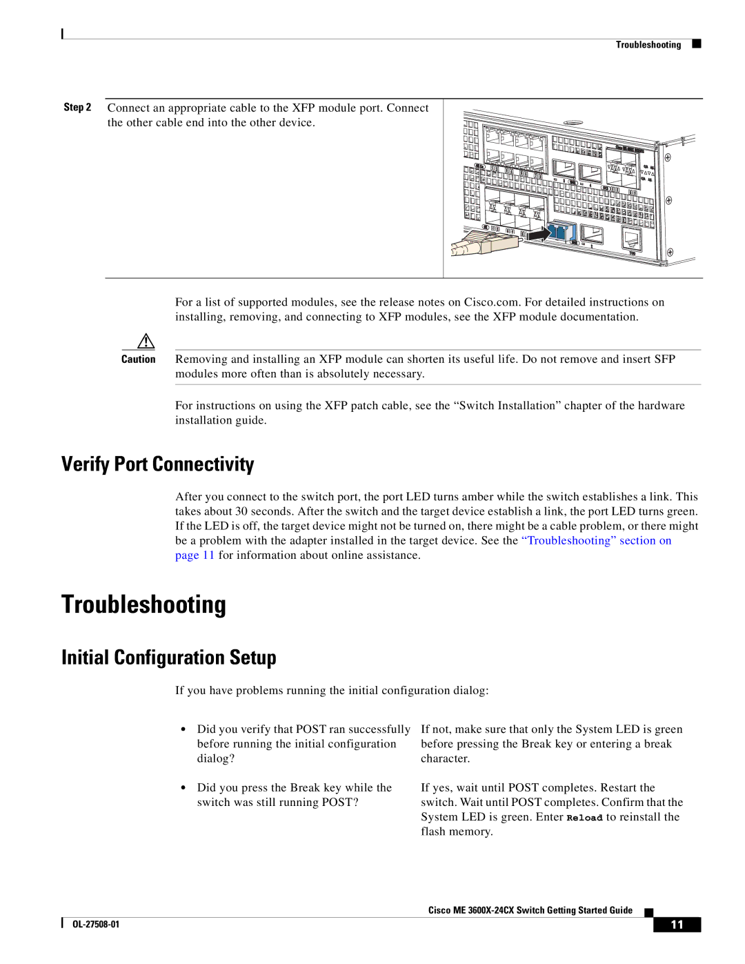 Cisco Systems ME3600X24FSM, ME 3600X 24CX manual Troubleshooting, Verify Port Connectivity, Initial Configuration Setup 