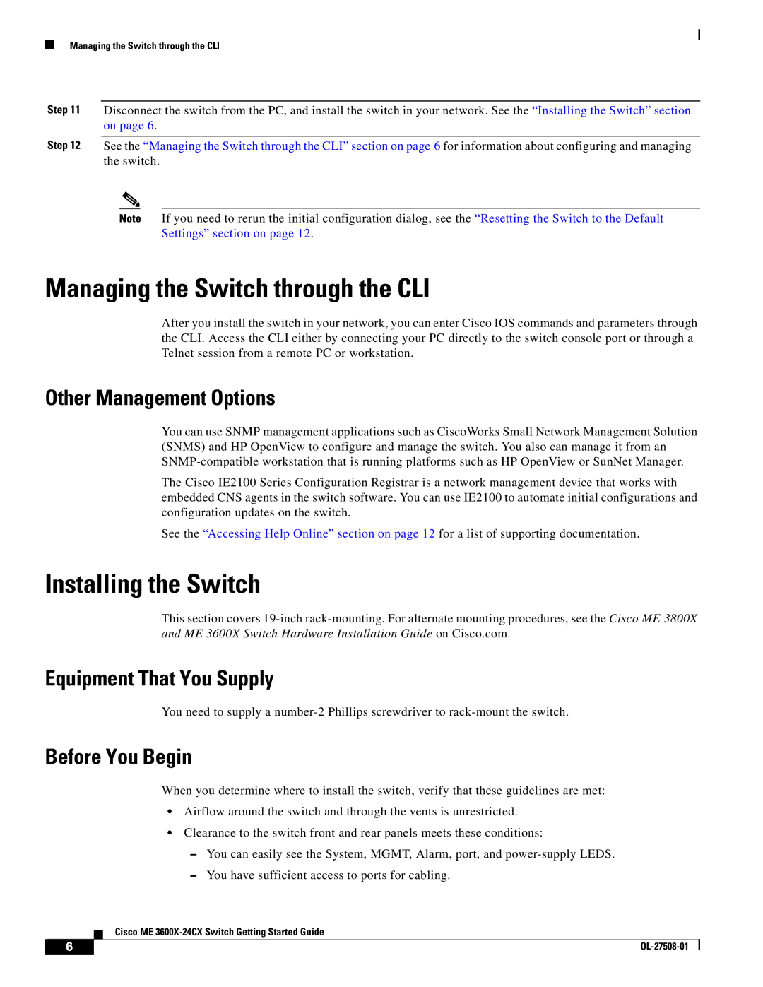 Cisco Systems ME3600X24FSM, ME 3600X Managing the Switch through the CLI, Installing the Switch, Other Management Options 