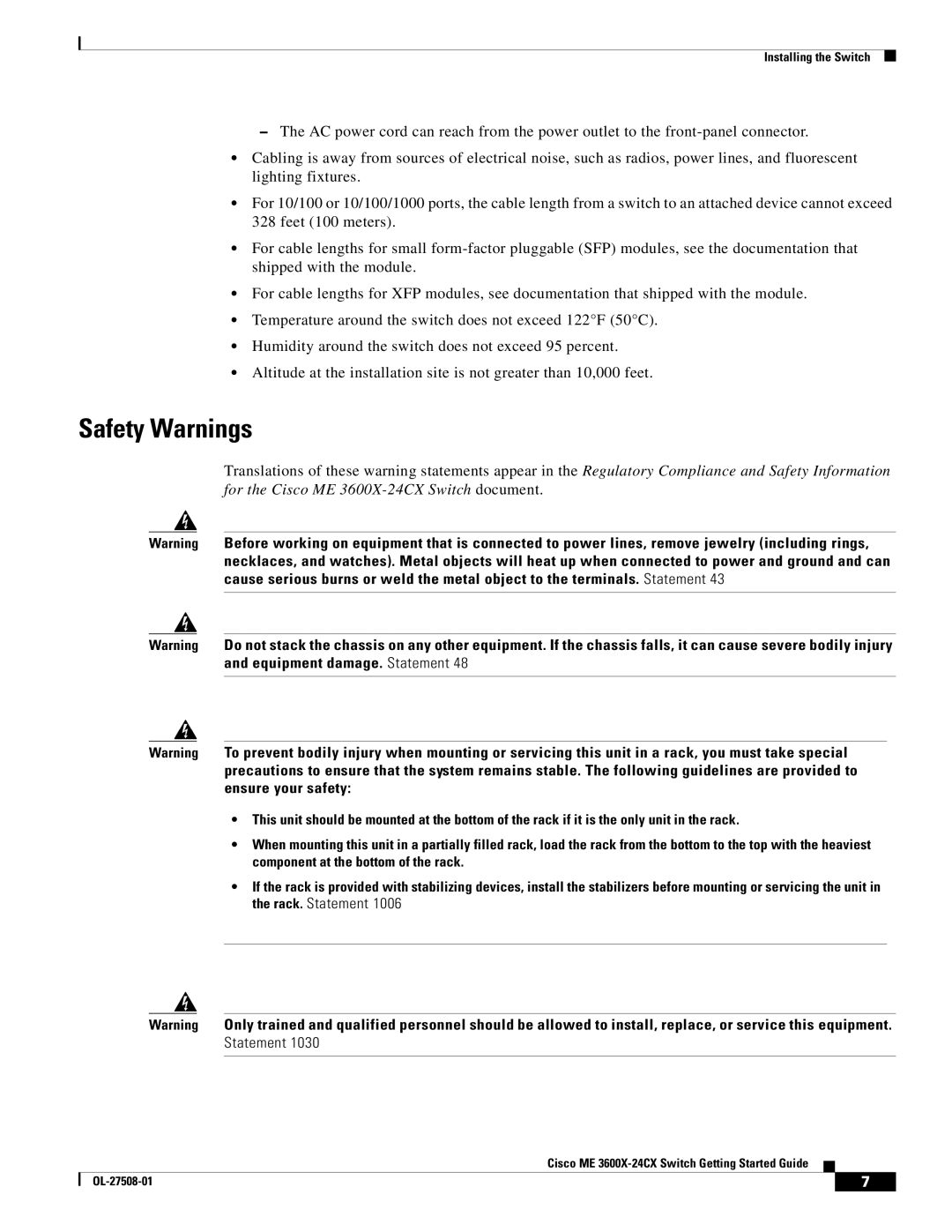 Cisco Systems ME 3600X 24CX, ME3600X24FSM manual Safety Warnings 