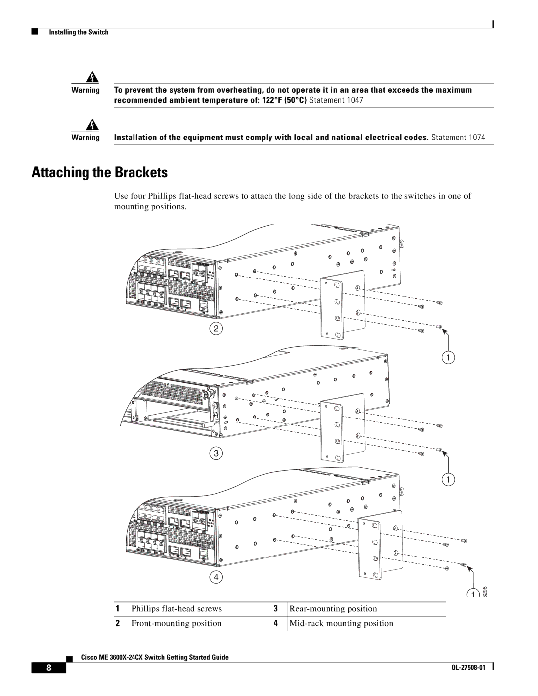 Cisco Systems ME3600X24FSM, ME 3600X 24CX manual Attaching the Brackets 