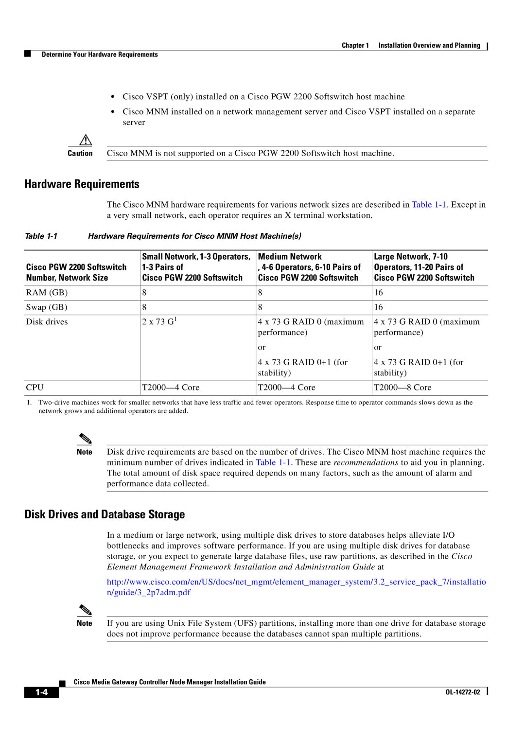 Cisco Systems Media Gateway Controller Node Manager manual Hardware Requirements, Disk Drives and Database Storage 