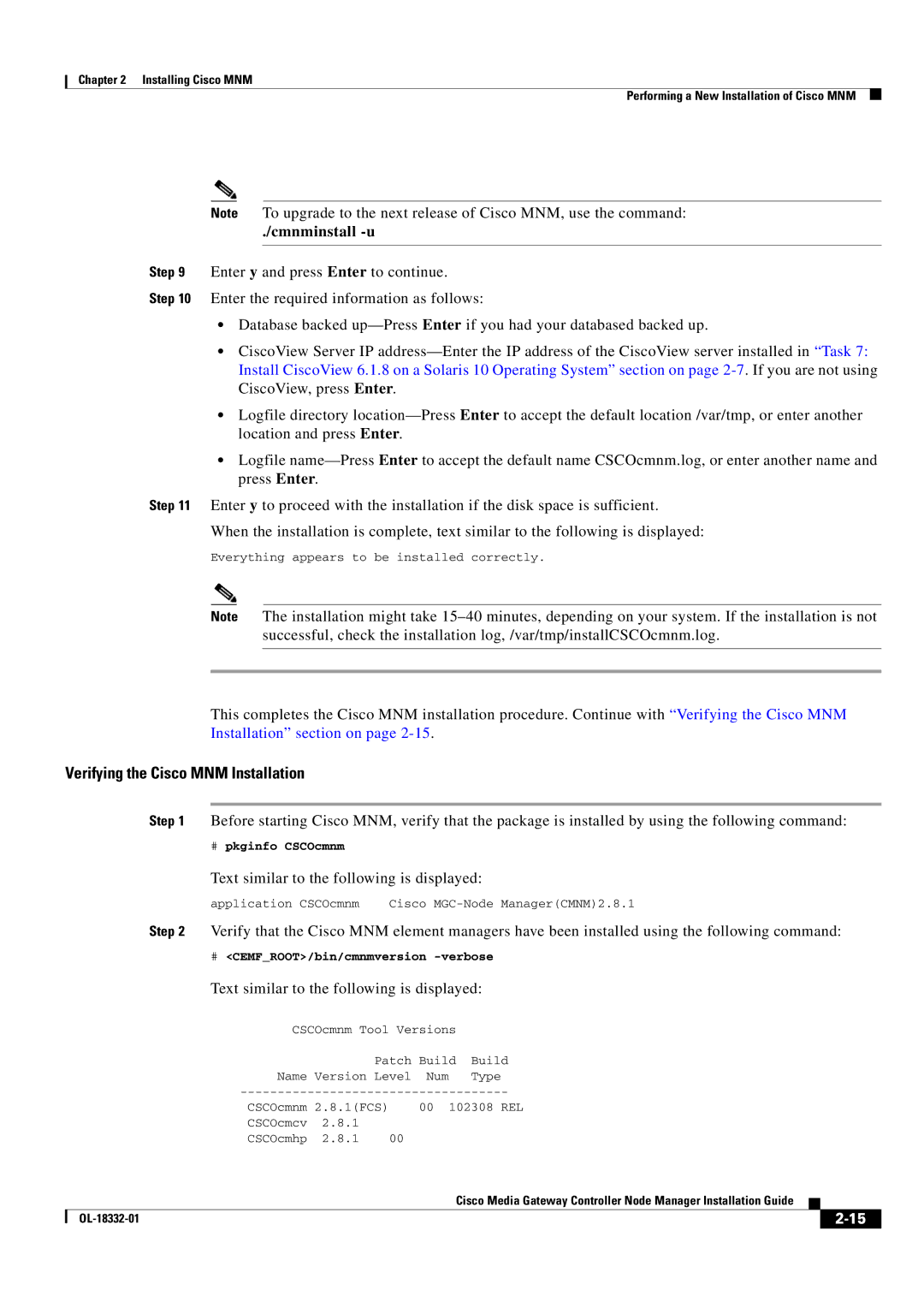 Cisco Systems Media Gateway Controller Node Manager manual Verifying the Cisco MNM Installation, Cmnminstall -u 