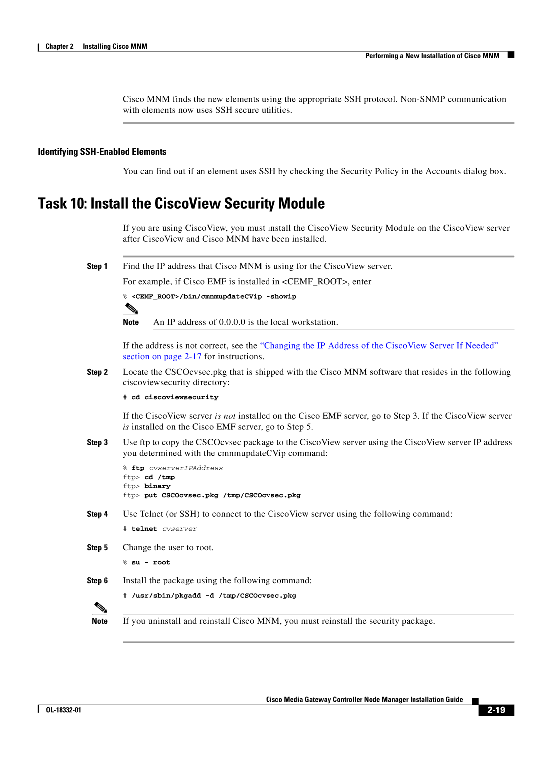 Cisco Systems Media Gateway Controller Node Manager Task 10 Install the CiscoView Security Module, Change the user to root 