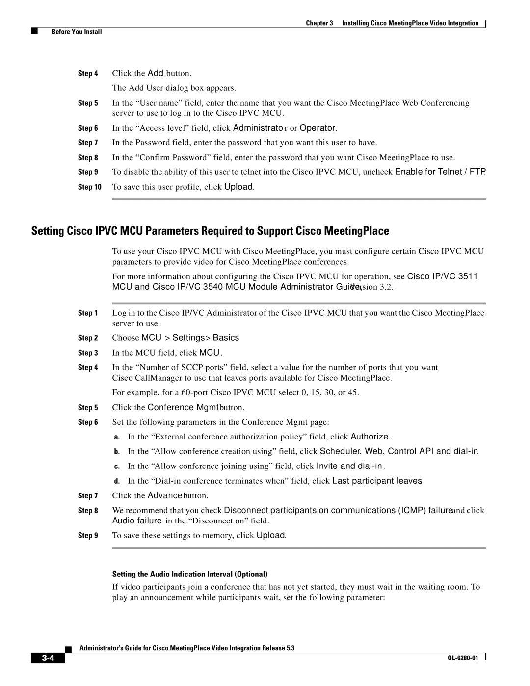 Cisco Systems MeetingPlace Video Integration Choose MCU Settings Basics, Setting the Audio Indication Interval Optional 