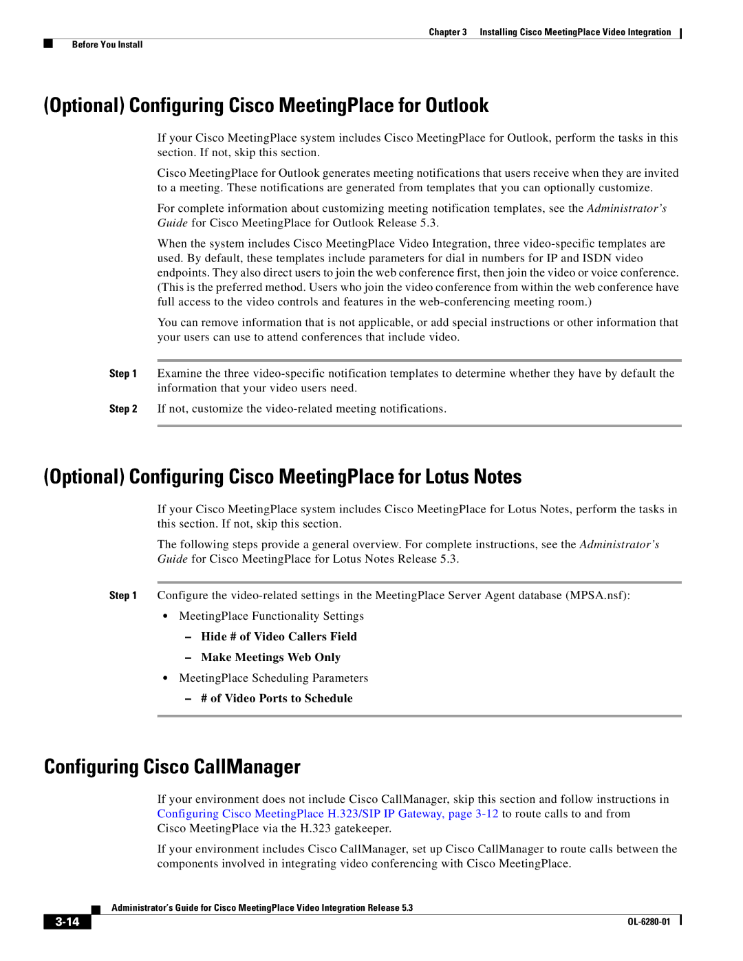 Cisco Systems MeetingPlace Video Integration manual Optional Configuring Cisco MeetingPlace for Outlook 