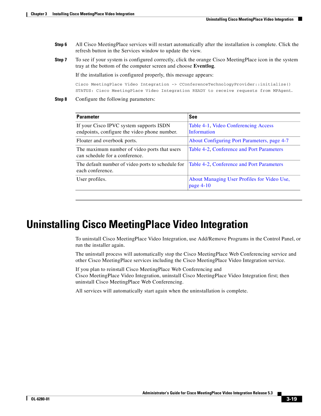 Cisco Systems manual Uninstalling Cisco MeetingPlace Video Integration, Parameter See 