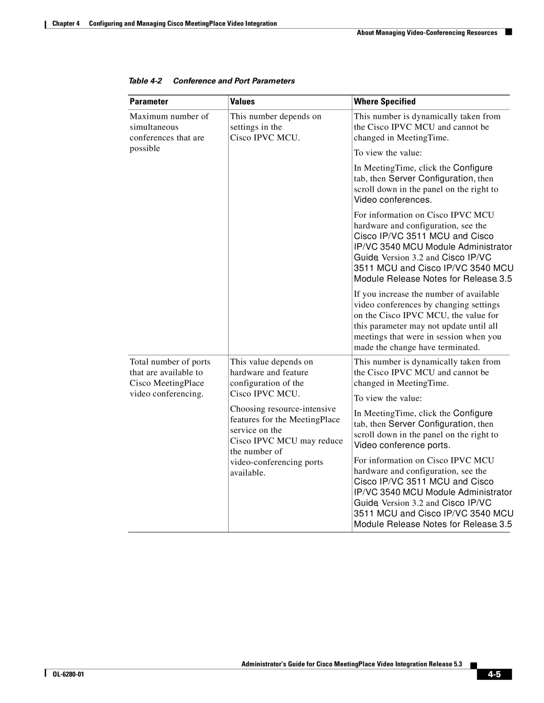 Cisco Systems MeetingPlace Video Integration manual Tab, then Server Configuration, then, Video conferences 