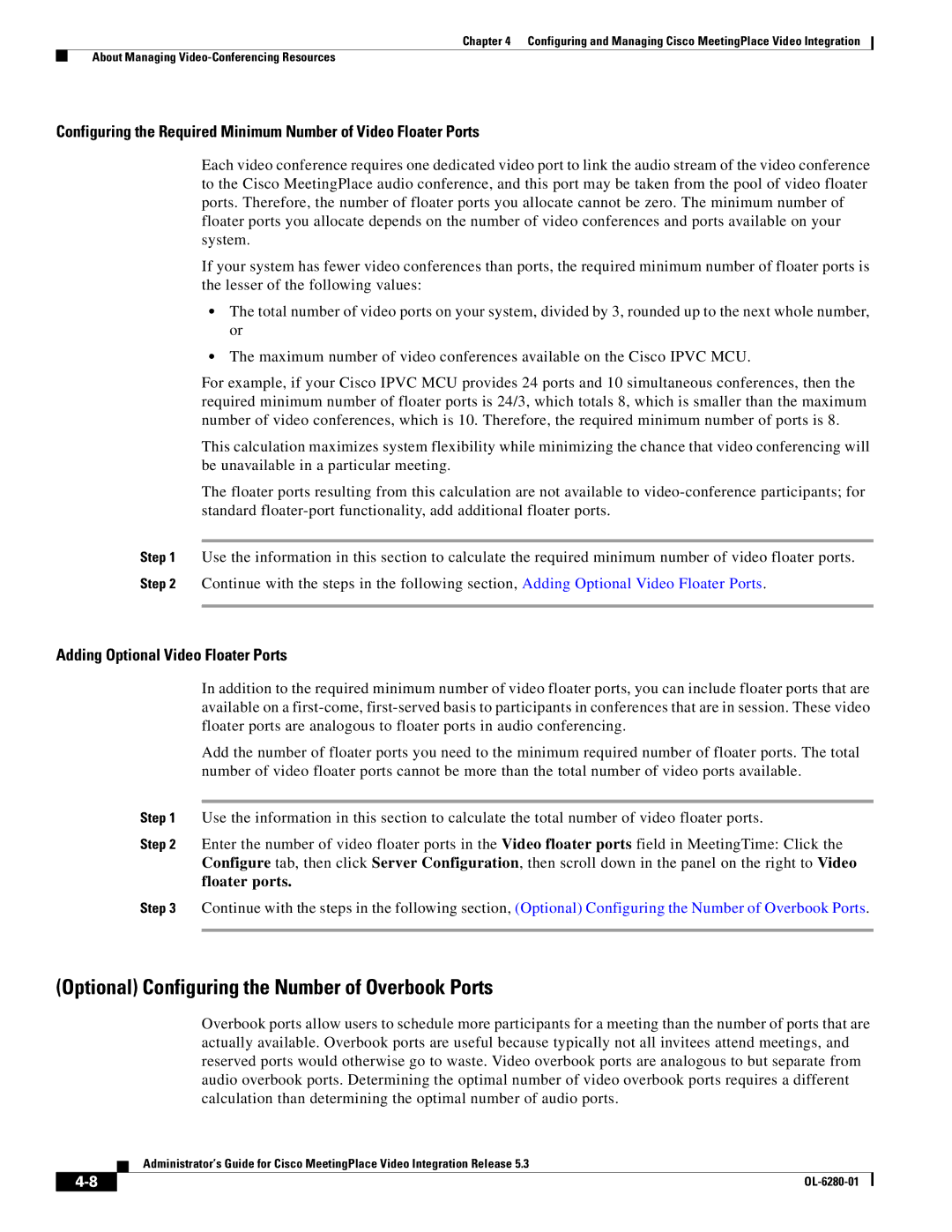 Cisco Systems MeetingPlace Video Integration manual Optional Configuring the Number of Overbook Ports 