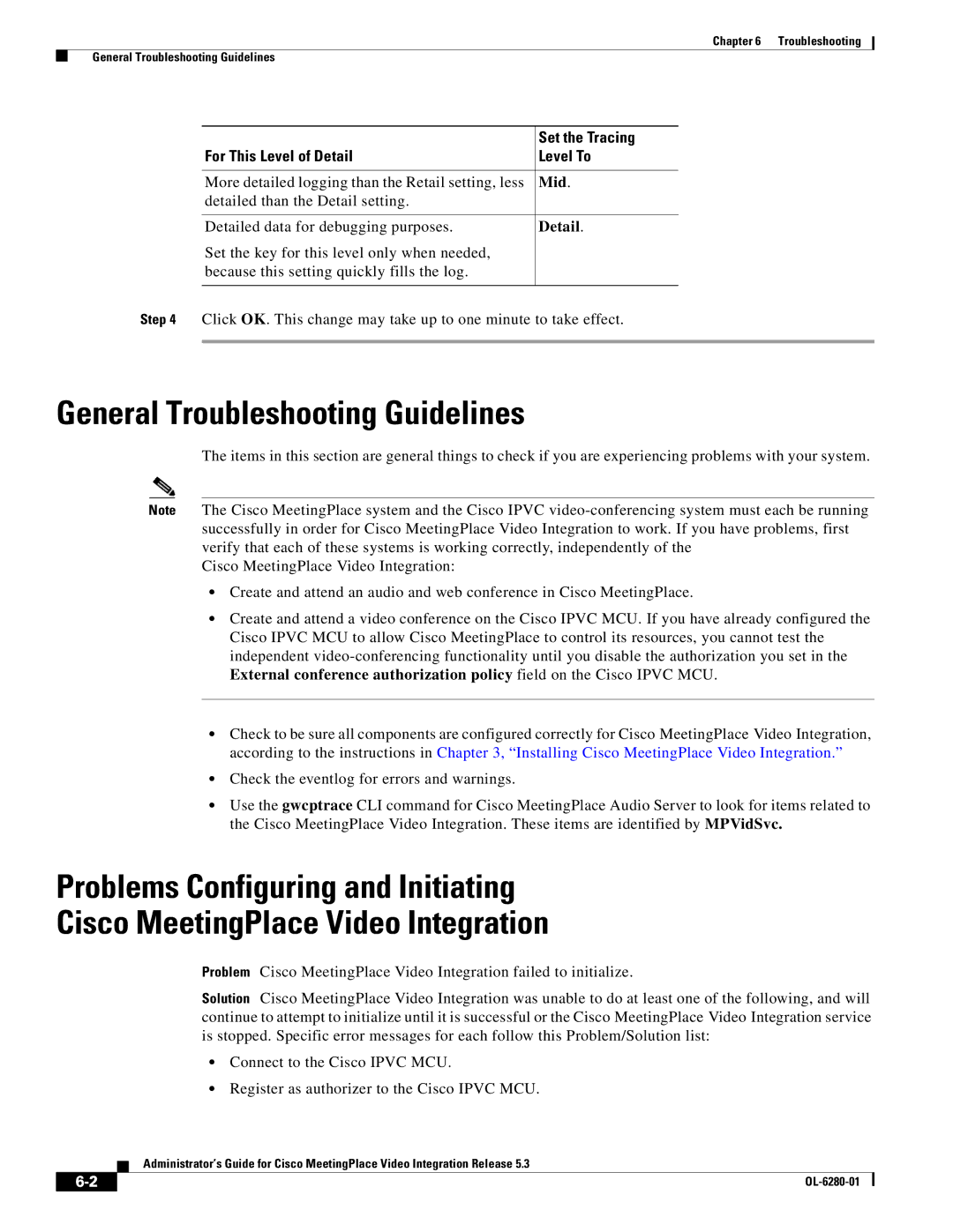 Cisco Systems MeetingPlace Video Integration manual General Troubleshooting Guidelines, Mid, Detail 