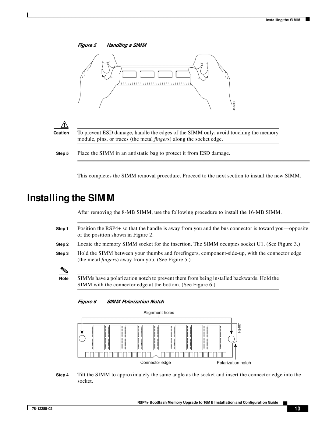 Cisco Systems MEM-16F-RSP4+= manual Installing the Simm, Handling a Simm 