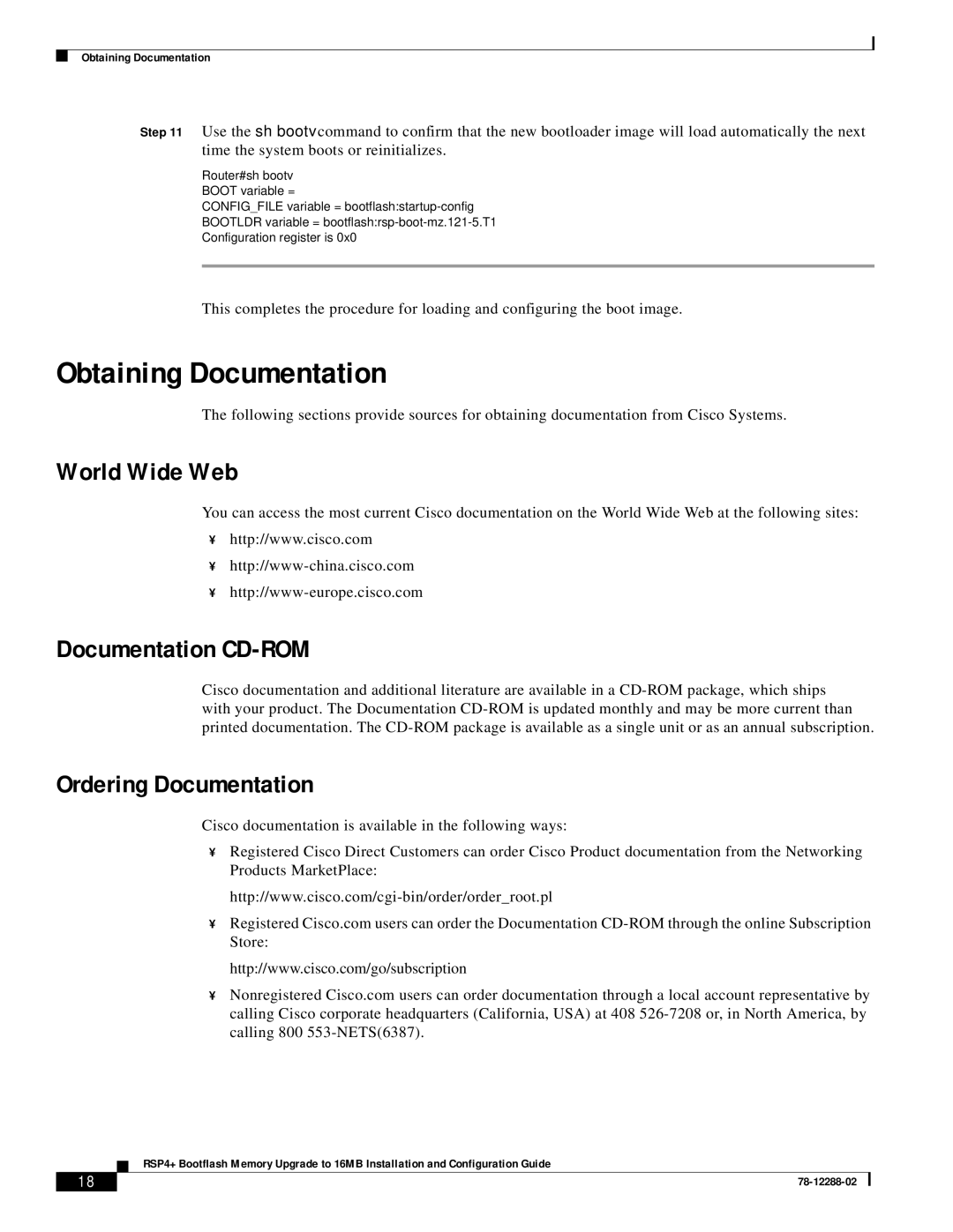 Cisco Systems MEM-16F-RSP4+= manual Obtaining Documentation, World Wide Web, Documentation CD-ROM, Ordering Documentation 