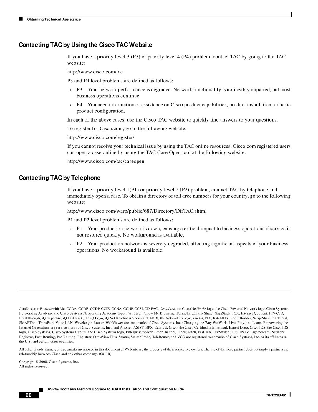 Cisco Systems MEM-16F-RSP4+= manual Contacting TAC by Using the Cisco TAC Website, Contacting TAC by Telephone 