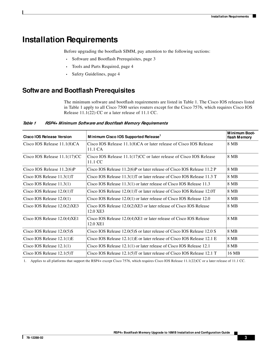 Cisco Systems MEM-16F-RSP4+= manual Installation Requirements, Software and Bootflash Prerequisites 