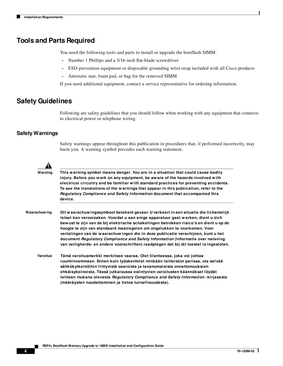 Cisco Systems MEM-16F-RSP4+= manual Tools and Parts Required, Safety Guidelines, Safety Warnings 