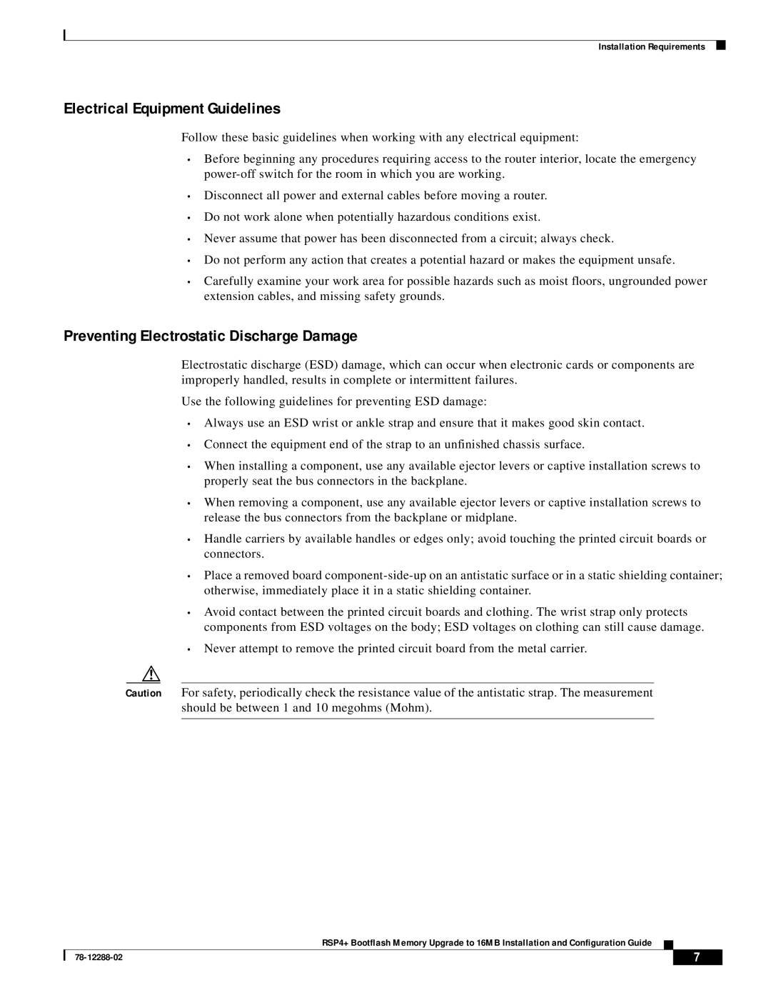 Cisco Systems MEM-16F-RSP4+= manual Electrical Equipment Guidelines, Preventing Electrostatic Discharge Damage 