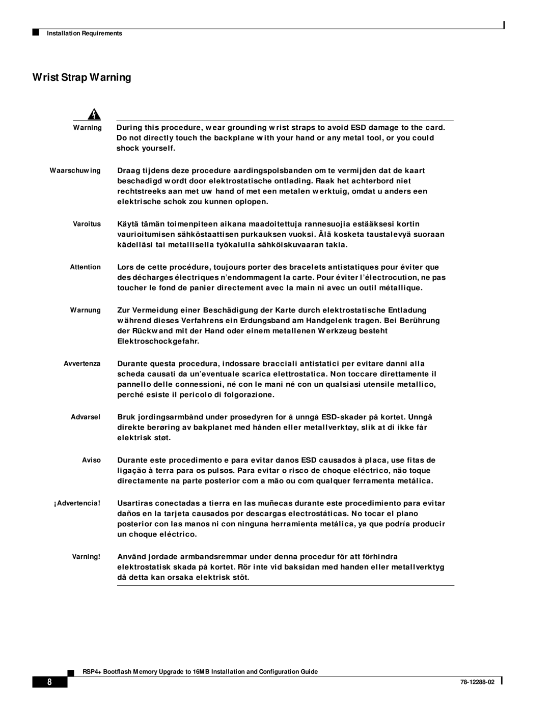 Cisco Systems MEM-16F-RSP4+= manual Wrist Strap Warning 