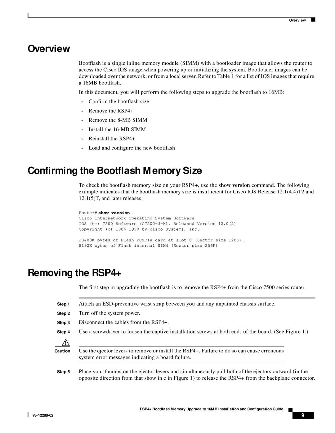 Cisco Systems MEM-16F-RSP4+= manual Overview, Confirming the Bootflash Memory Size, Removing the RSP4+ 