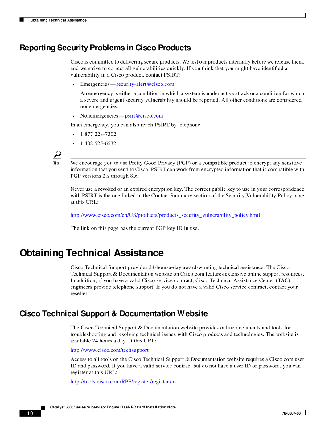 Cisco Systems MEM-C6K-ATA-1-64M( manual Obtaining Technical Assistance, Reporting Security Problems in Cisco Products 