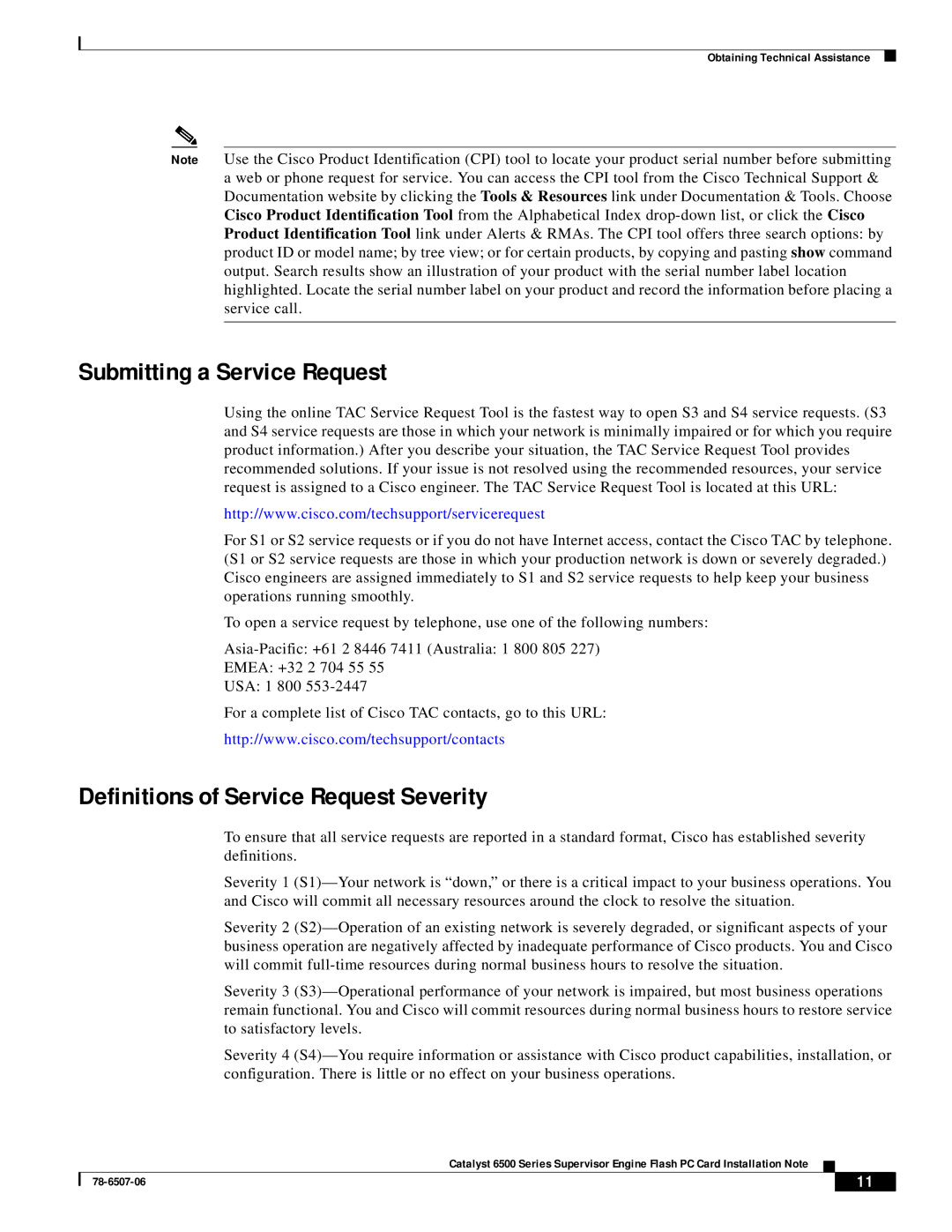 Cisco Systems MEM-C6K-FLC24M, MEM-C6K-FLC64M manual Submitting a Service Request, Definitions of Service Request Severity 