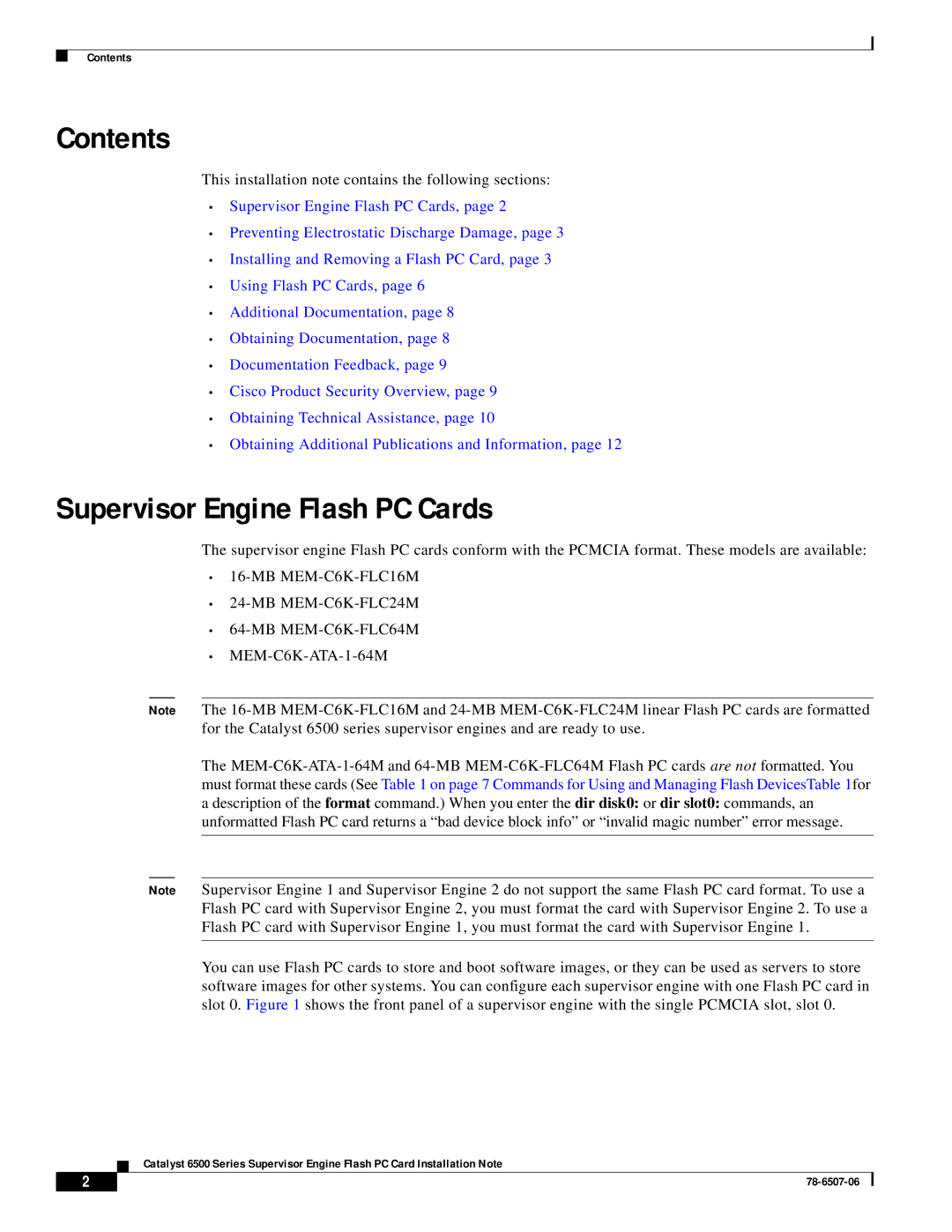 Cisco Systems MEM-C6K-ATA-1-64M(, MEM-C6K-FLC64M, MEM-C6K-FLC16M, MEM-C6K-FLC24M Contents, Supervisor Engine Flash PC Cards 