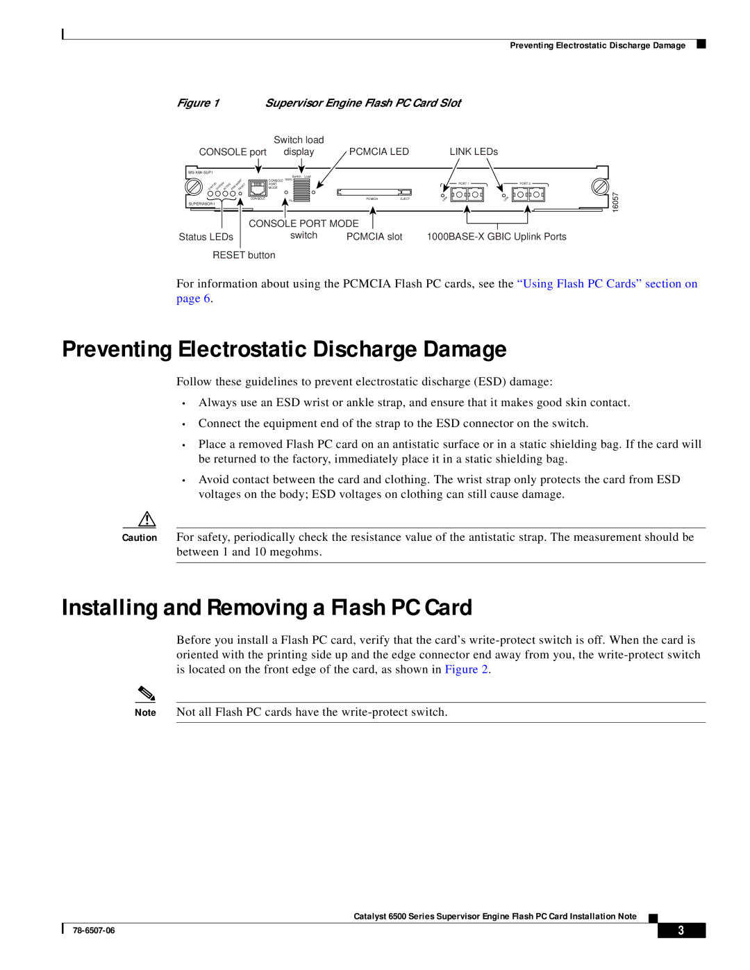 Cisco Systems MEM-C6K-FLC24M manual Preventing Electrostatic Discharge Damage, Installing and Removing a Flash PC Card 