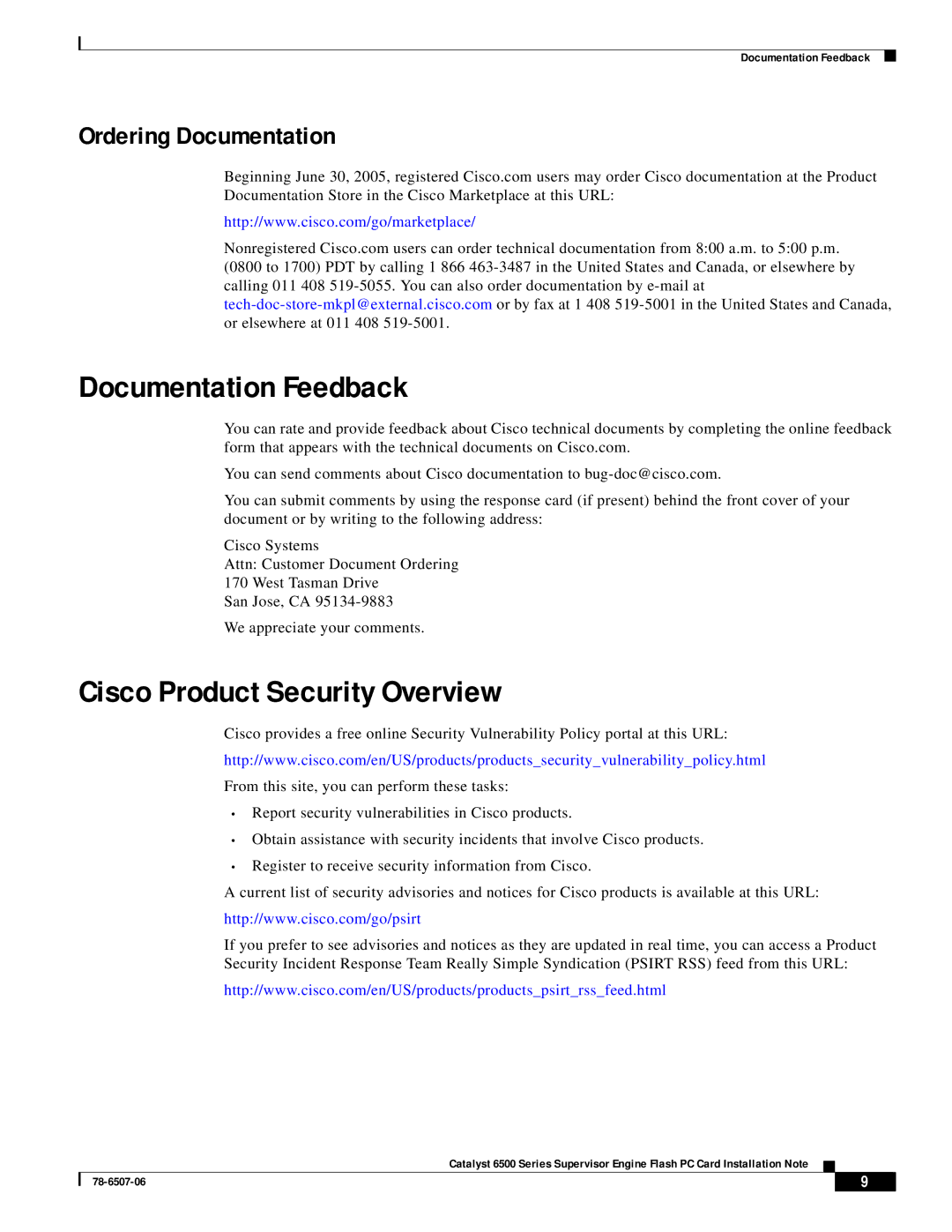 Cisco Systems MEM-C6K-FLC16M manual Documentation Feedback, Cisco Product Security Overview, Ordering Documentation 