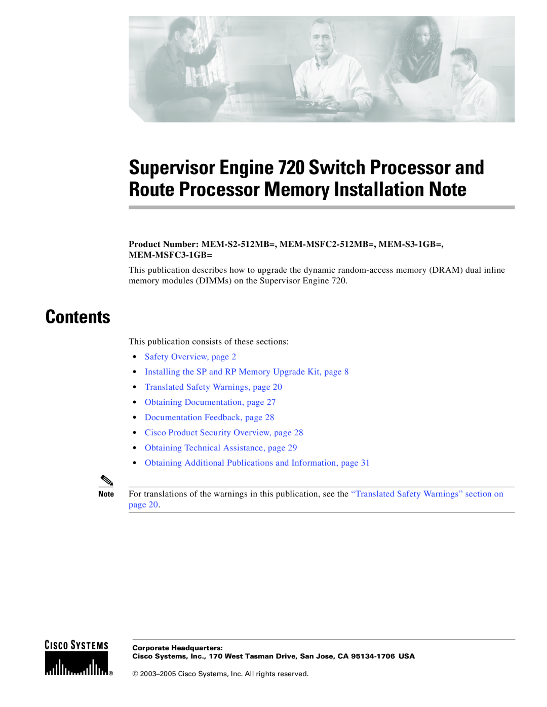 Cisco Systems manual Contents, Product Number MEM-S2-512MB=, MEM-MSFC2-512MB=, MEM-S3-1GB=, MEM-MSFC3-1GB= 