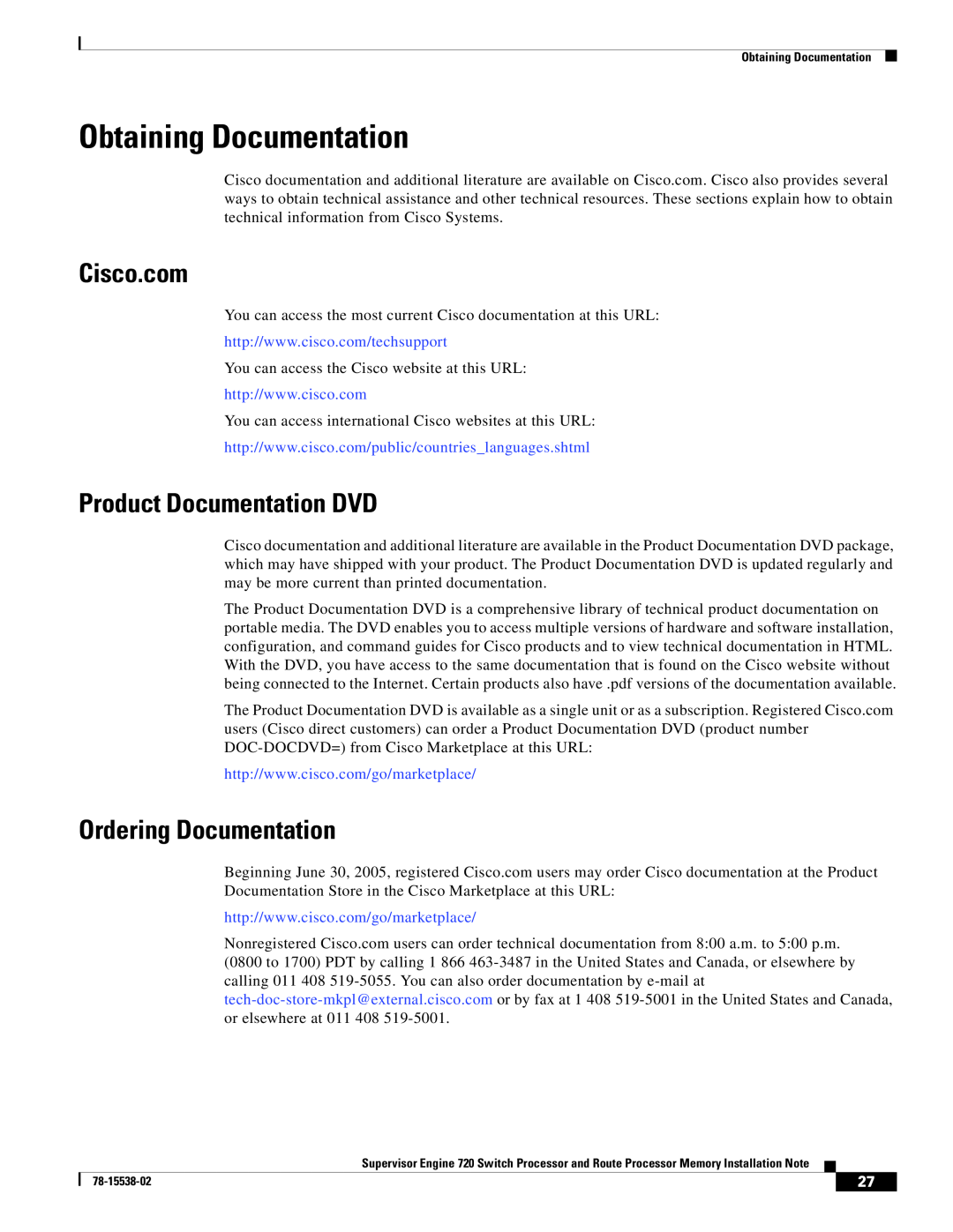Cisco Systems MEM-MSFC3-1GB= manual Obtaining Documentation, Cisco.com, Product Documentation DVD, Ordering Documentation 