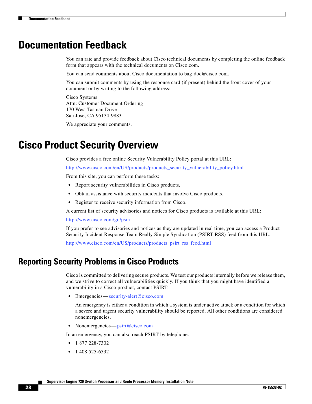 Cisco Systems MEM-MSFC2-512MB=, MEM-S2-512MB=, MEM-S3-1GB= manual Documentation Feedback, Cisco Product Security Overview 
