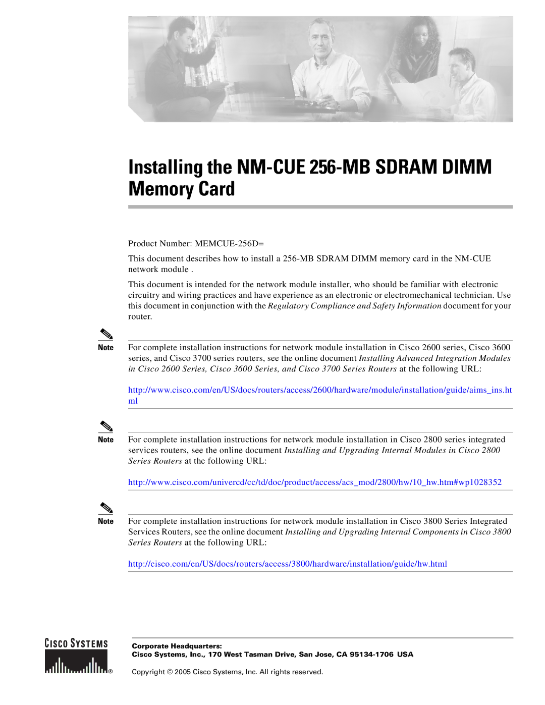 Cisco Systems MEMCUE-256D= installation instructions Installing the NM-CUE 256-MB Sdram Dimm Memory Card 