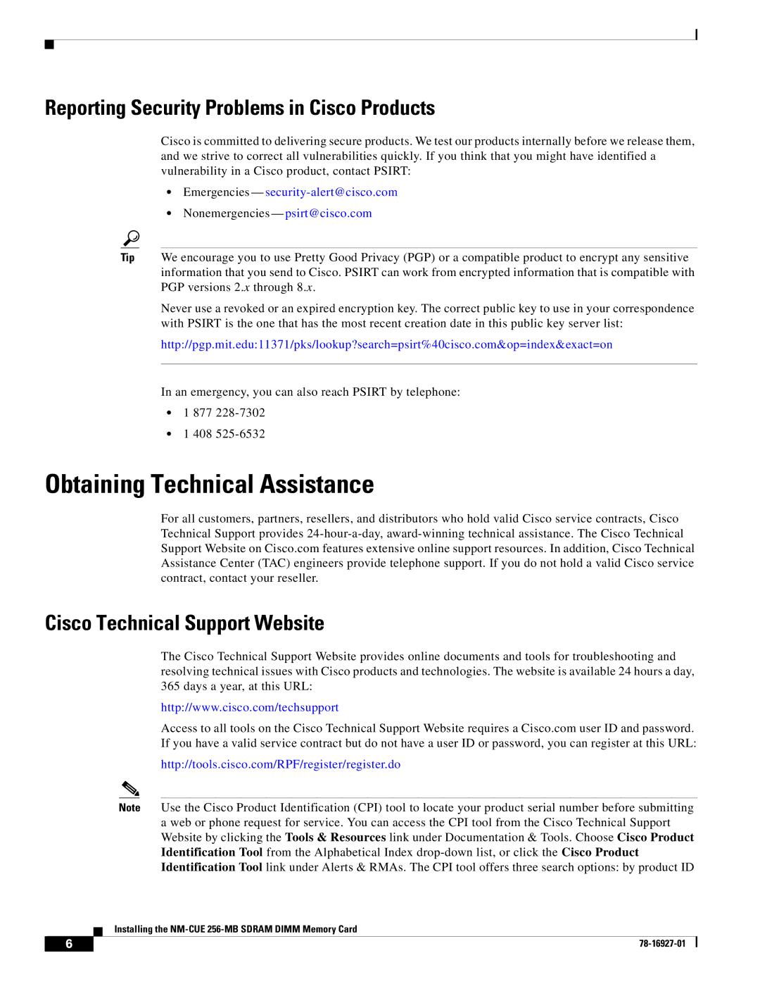 Cisco Systems MEMCUE-256D= Obtaining Technical Assistance, Reporting Security Problems in Cisco Products 