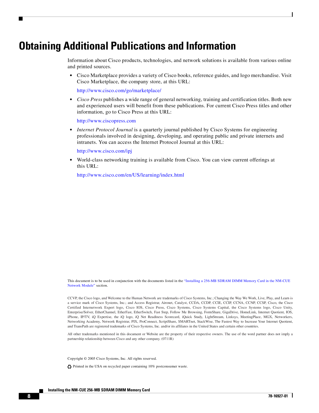 Cisco Systems MEMCUE-256D= installation instructions Obtaining Additional Publications and Information 