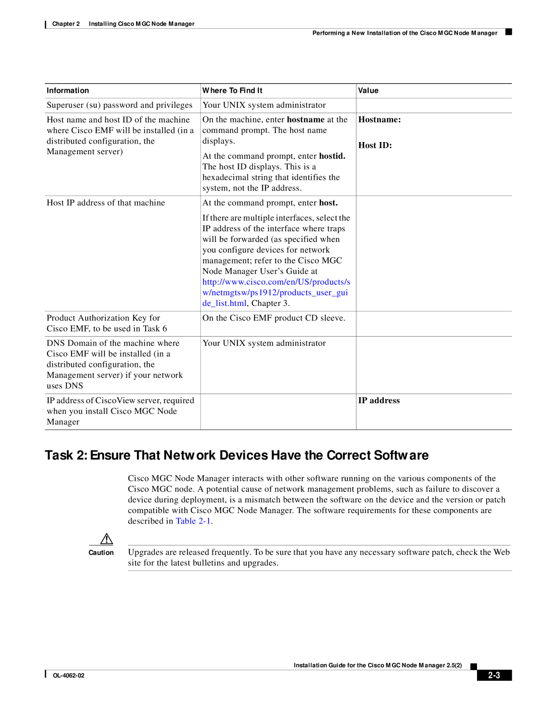 Cisco Systems MGC Node Manager manual Information Where To Find It Value, Hostname, Host ID, IP address 