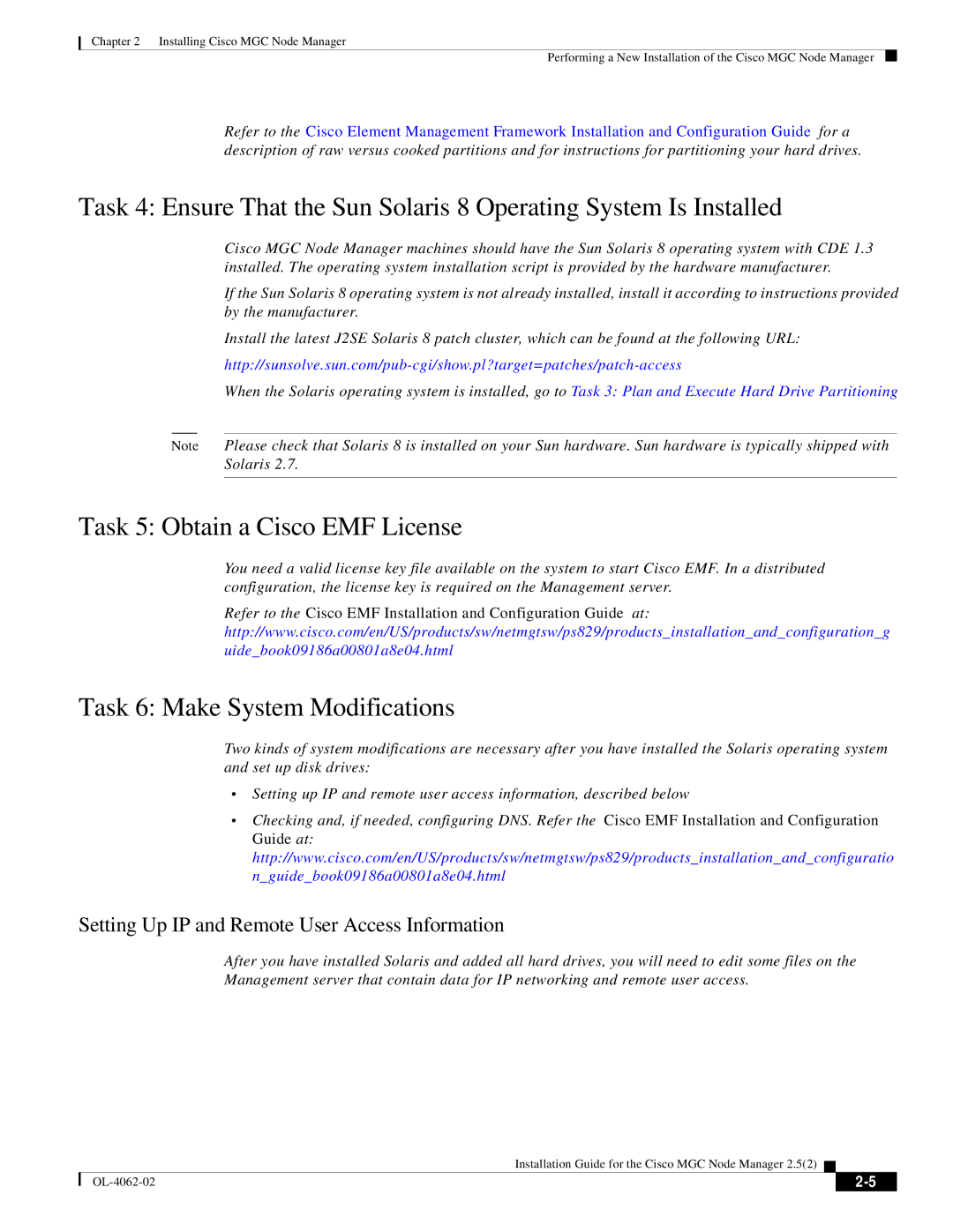 Cisco Systems MGC Node Manager manual Task 5 Obtain a Cisco EMF License, Task 6 Make System Modifications 