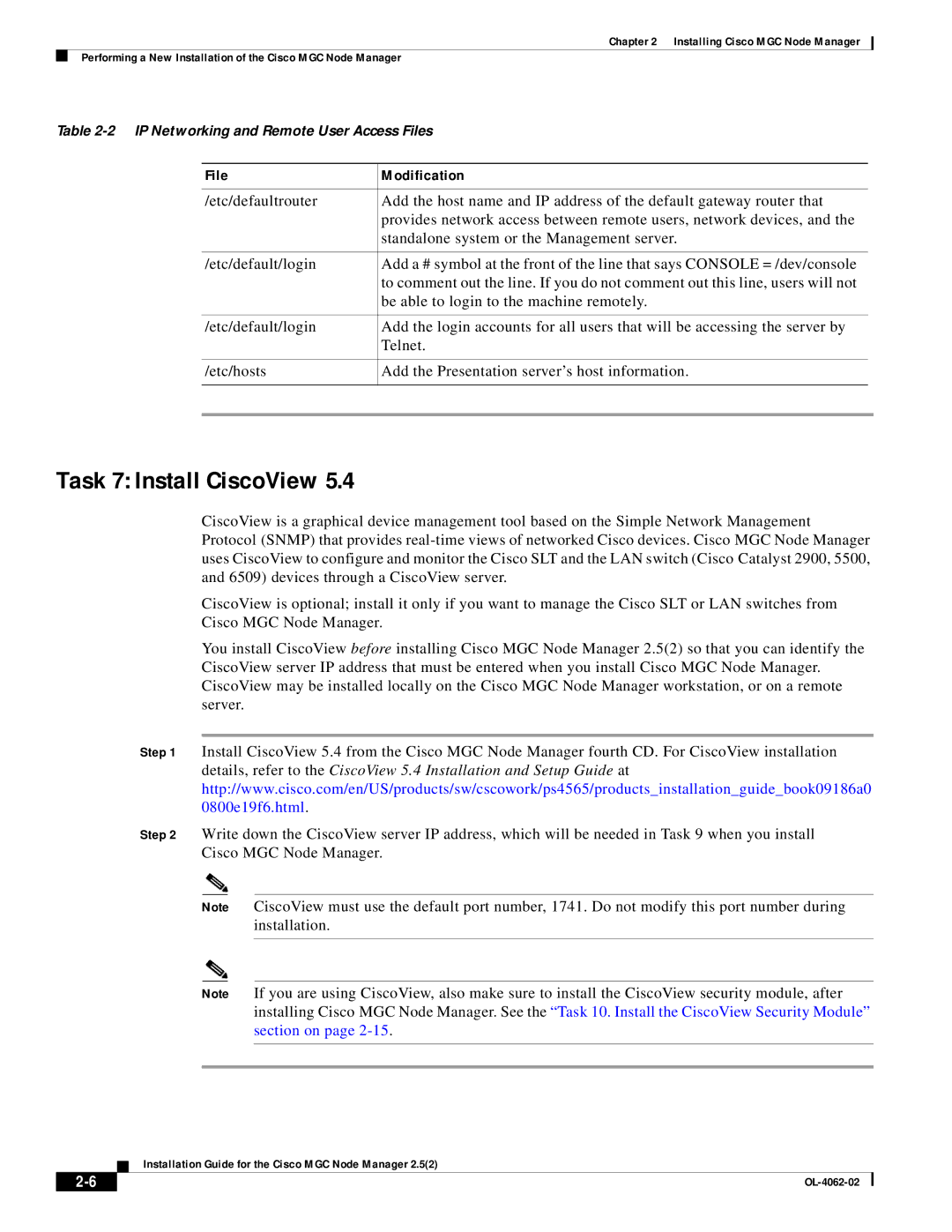 Cisco Systems MGC Node Manager manual Task 7 Install CiscoView, File Modification 