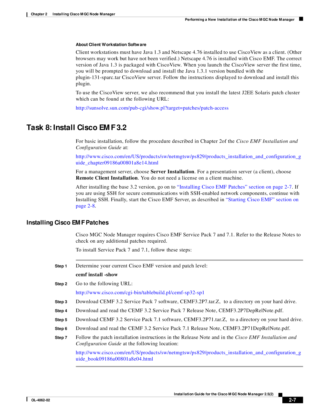 Cisco Systems MGC Node Manager Task 8 Install Cisco EMF, Installing Cisco EMF Patches, About Client Workstation Software 