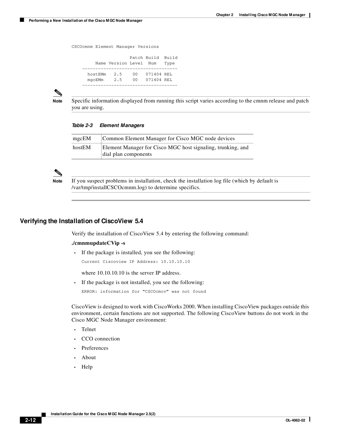 Cisco Systems MGC Node Manager manual Verifying the Installation of CiscoView, CmnmupdateCVip -s 