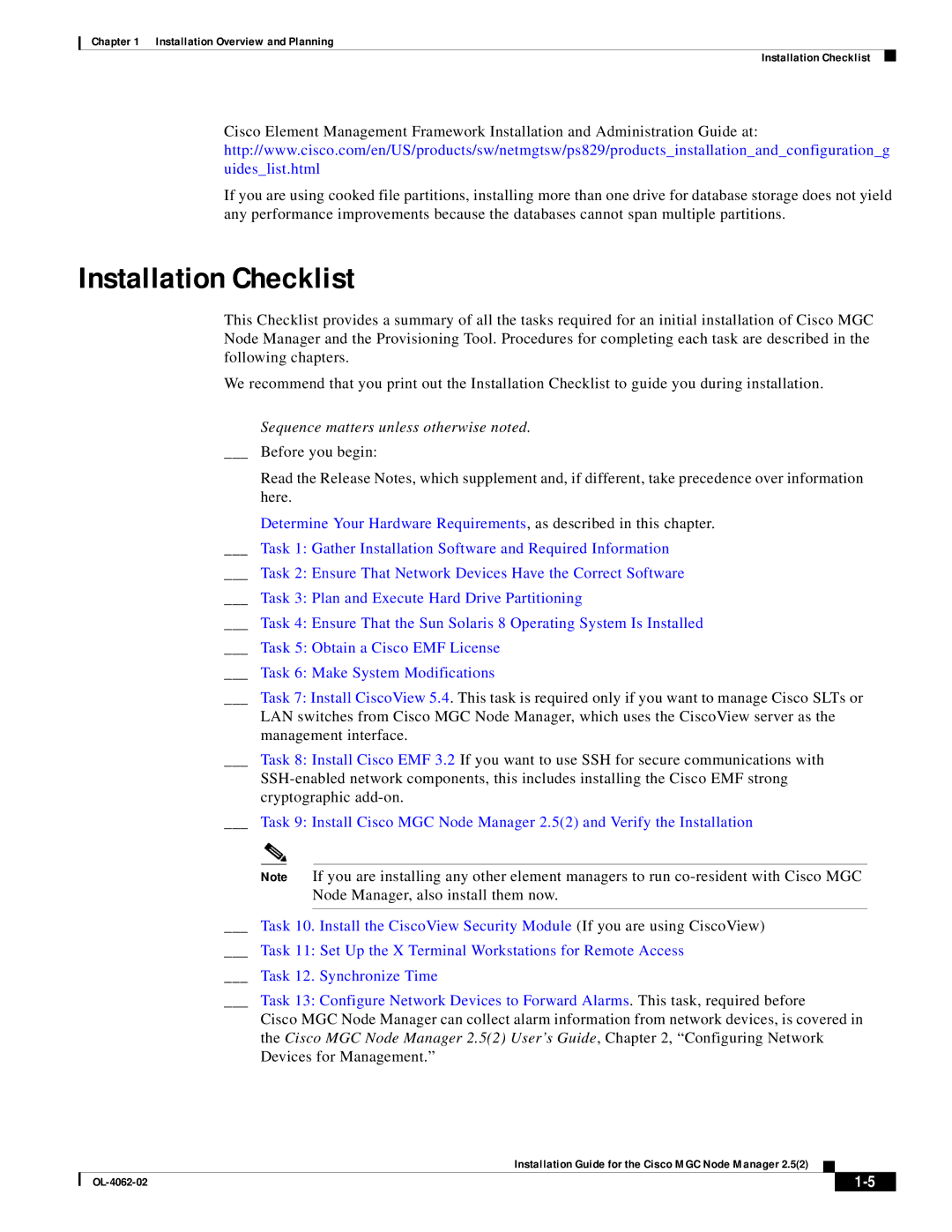 Cisco Systems MGC Node Manager manual Installation Checklist 