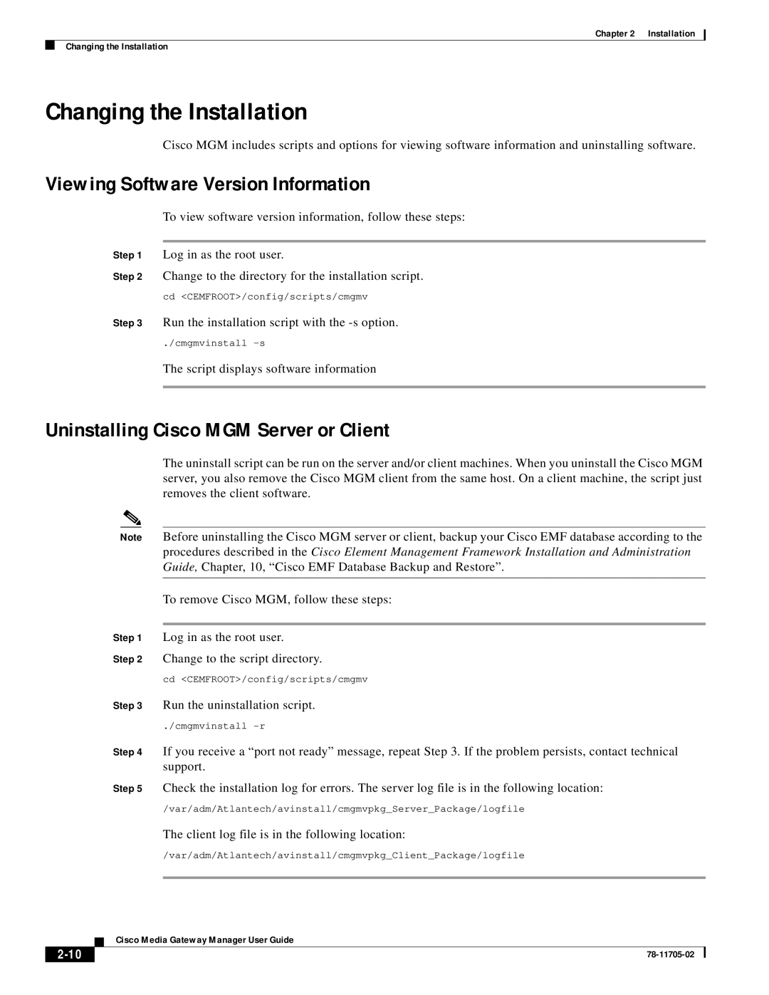Cisco Systems MGX 8000 manual Changing the Installation, Viewing Software Version Information, 2-10 