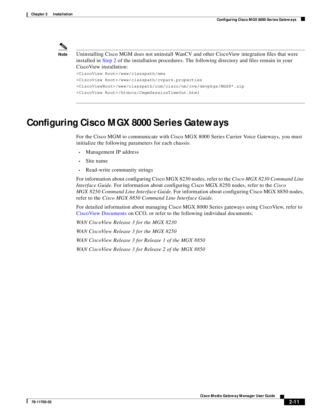Cisco Systems manual Configuring Cisco MGX 8000 Series Gateways, WAN CiscoView Release 3 for the MGX, 2-11 