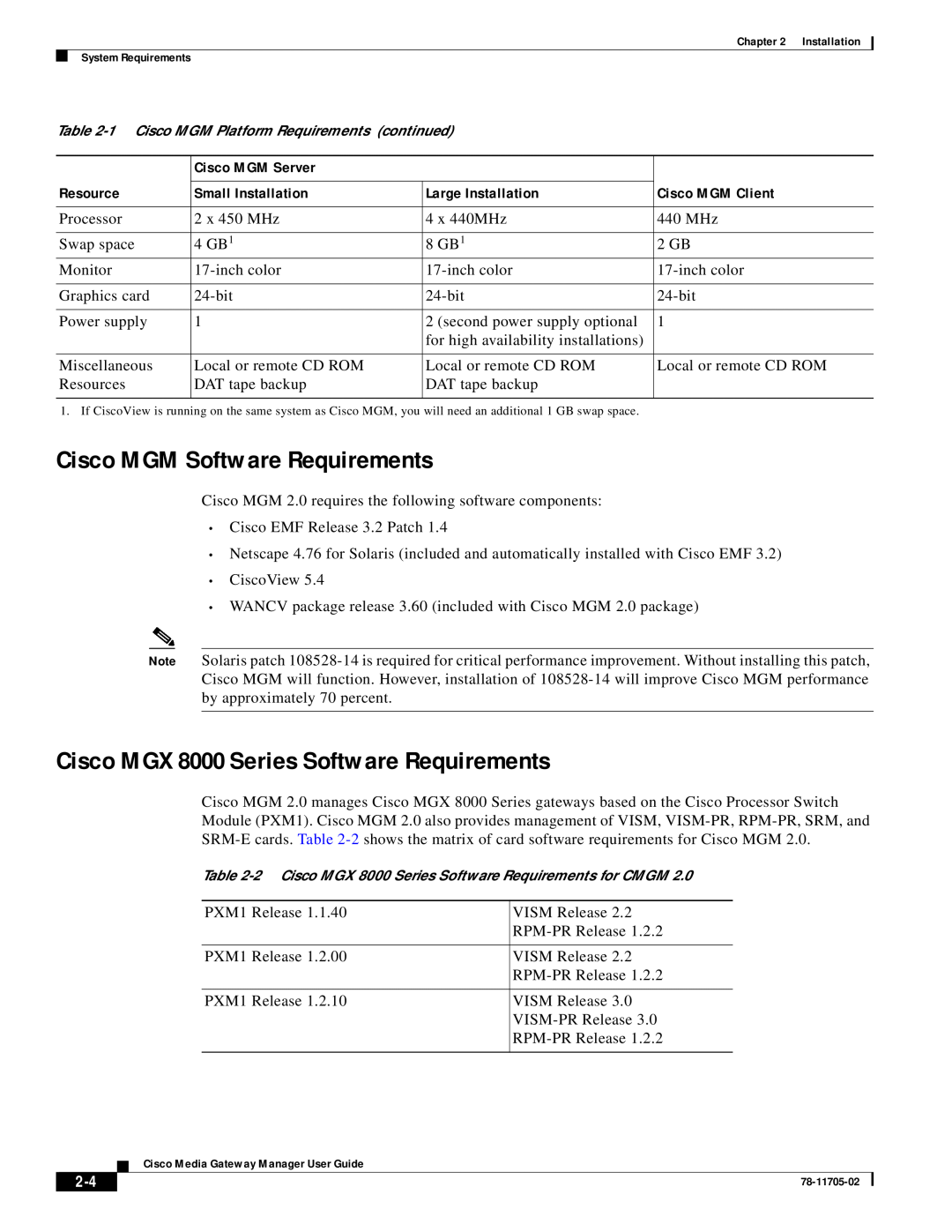 Cisco Systems Cisco MGM Software Requirements, Cisco MGX 8000 Series Software Requirements, Cisco MGM Server, Resource 