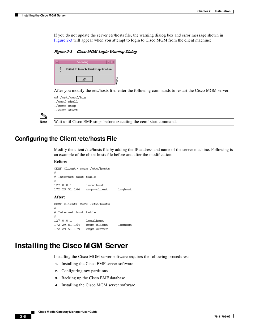 Cisco Systems MGX 8000 manual Installing the Cisco MGM Server, Configuring the Client /etc/hosts File, Before, After 