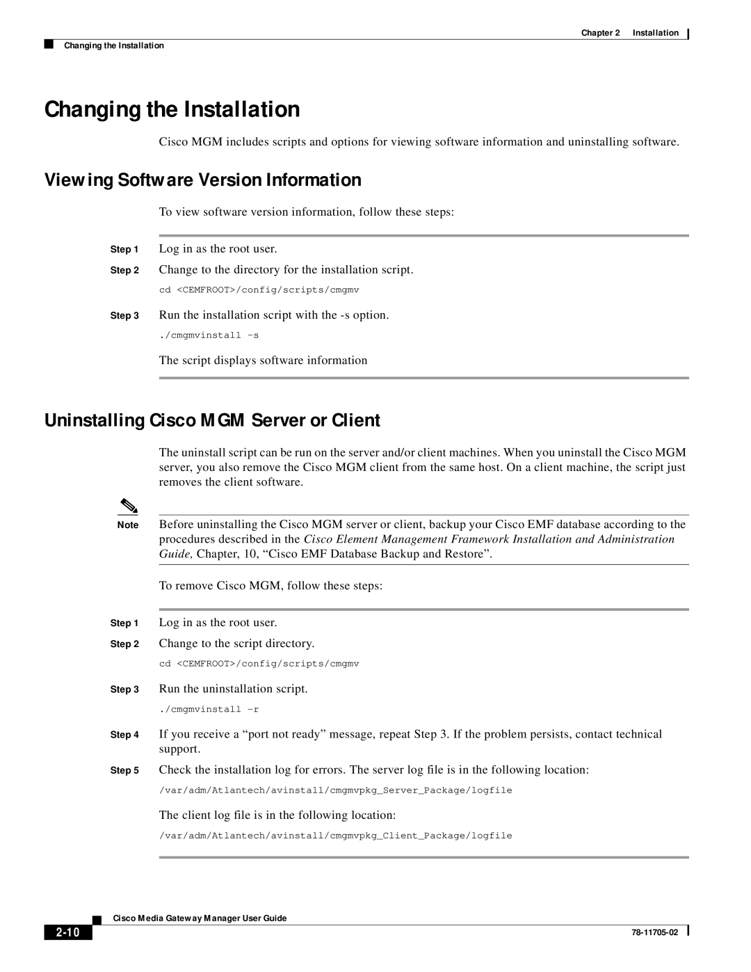 Cisco Systems MGX 8000 manual Changing the Installation, Viewing Software Version Information 